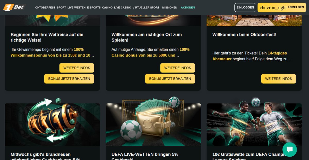 1Bet Aktionsseite mit Sport- und Casino-Willkommensbonus und Wochenaktionen