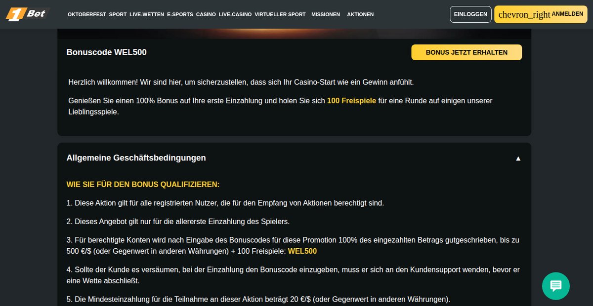 1Bet Casino-Willkommensbonus mit Bonuscode WEL500 und Bonusbedingungen