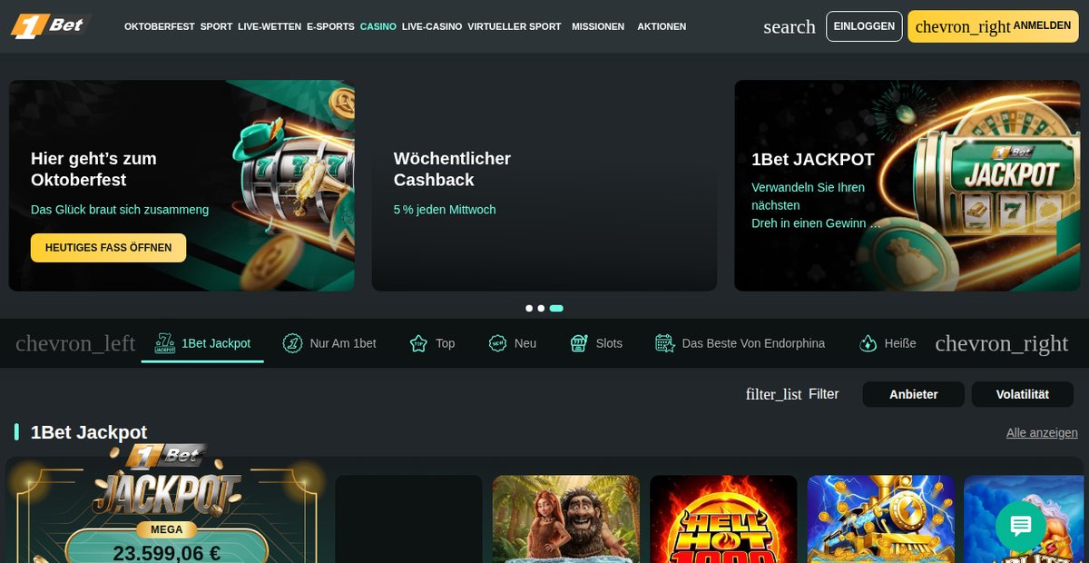 1Bet Casino-Lobby mit 1Bet Jackpot, Kategorien und Anbieterfilter