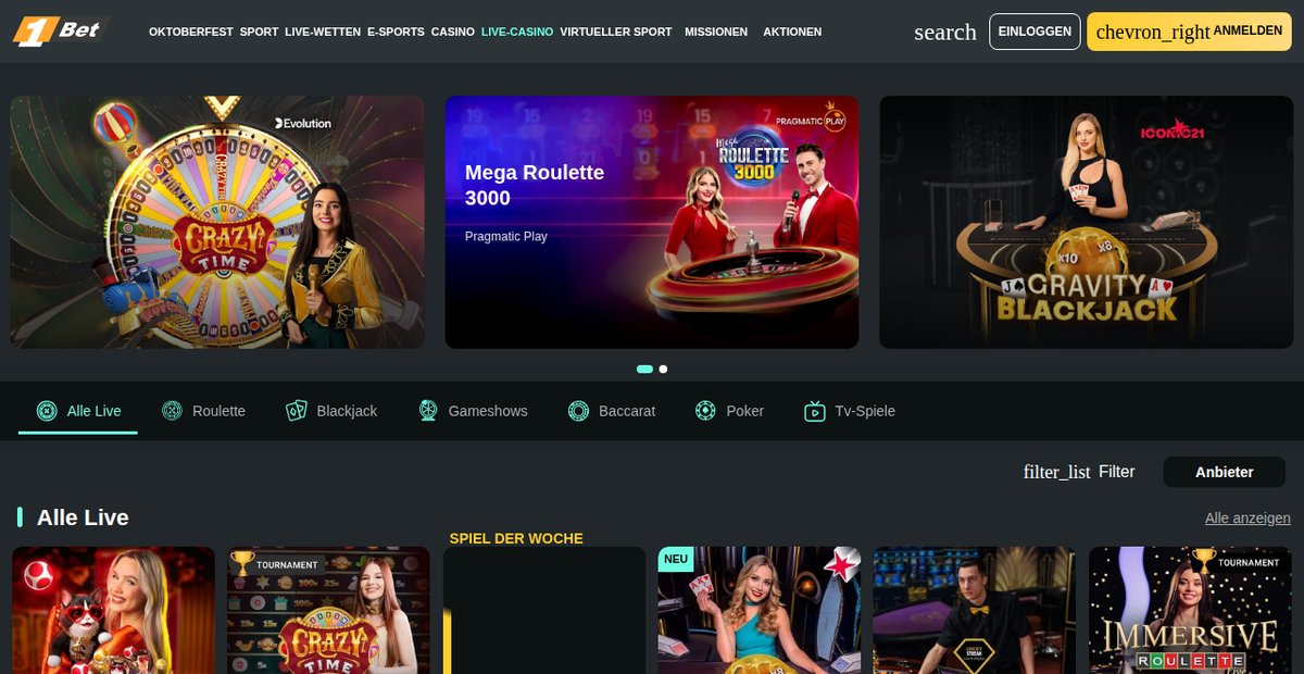 1Bet Live-Casino mit Crazy Time, Mega Roulette 3000 und Gravity Blackjack