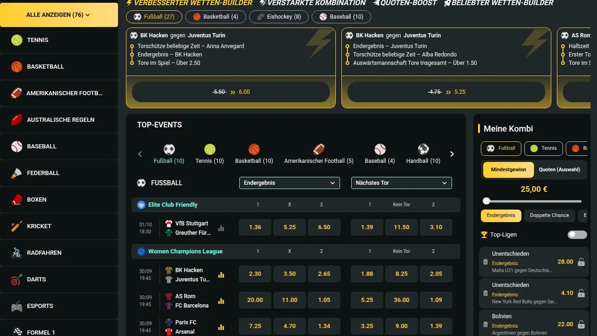 1Bet Sportwetten mit Wetten-Builder, Top-Events und Meine Kombi