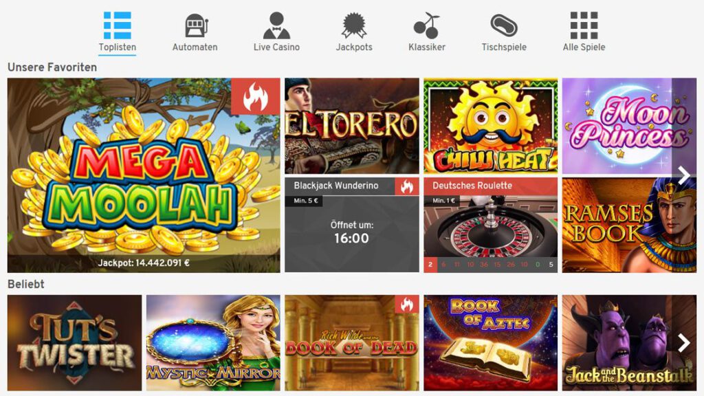 Wunderino Casino Spiele
