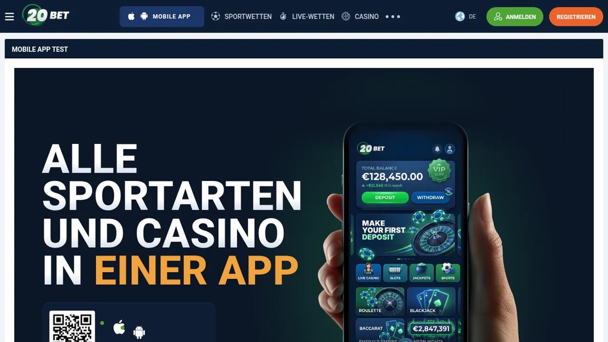 20Bet Mobile-App-Seite mit QR-Code und PWA-Download