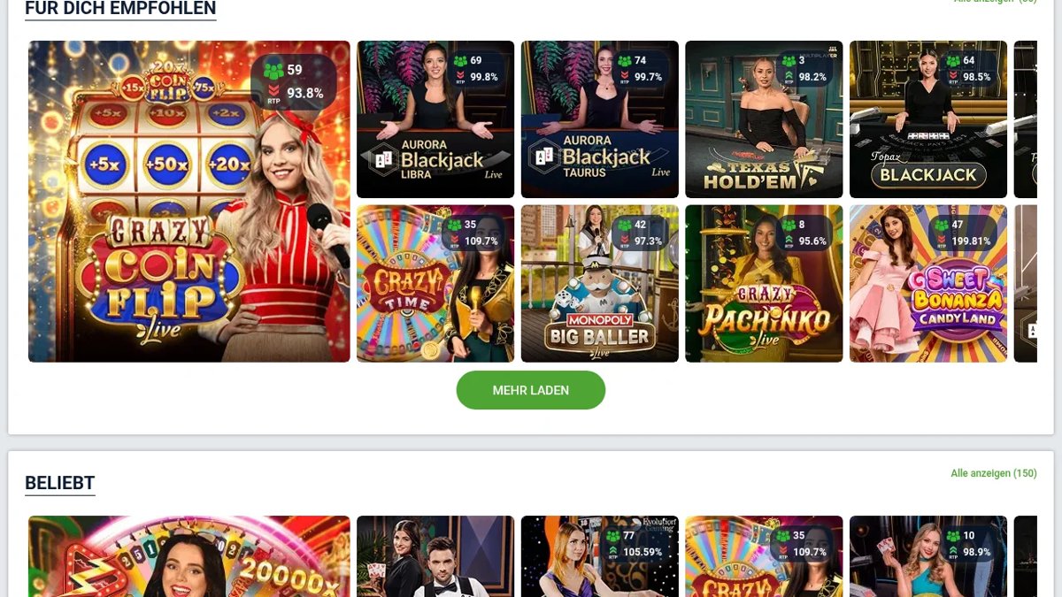 20Bet Live-Casino mit Crazy Time, Blackjack und Gameshows