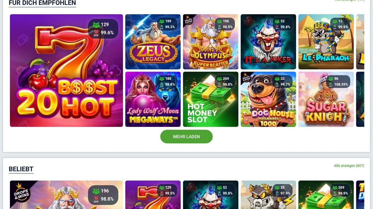 20Bet Casino-Lobby mit empfohlenen Slots und RTP-Anzeige