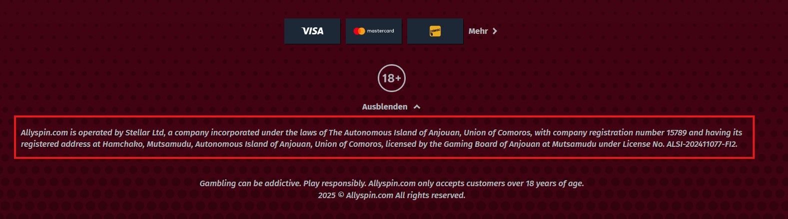 AllySpin Casino _Betreiber Lizenz und Sicherheit_Impressum