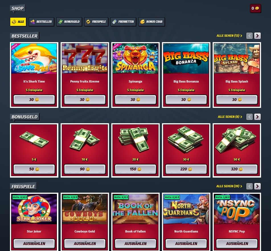 AllySpin Casino_Münzen verdienen und im Shop eintauschen_Shopübersicht