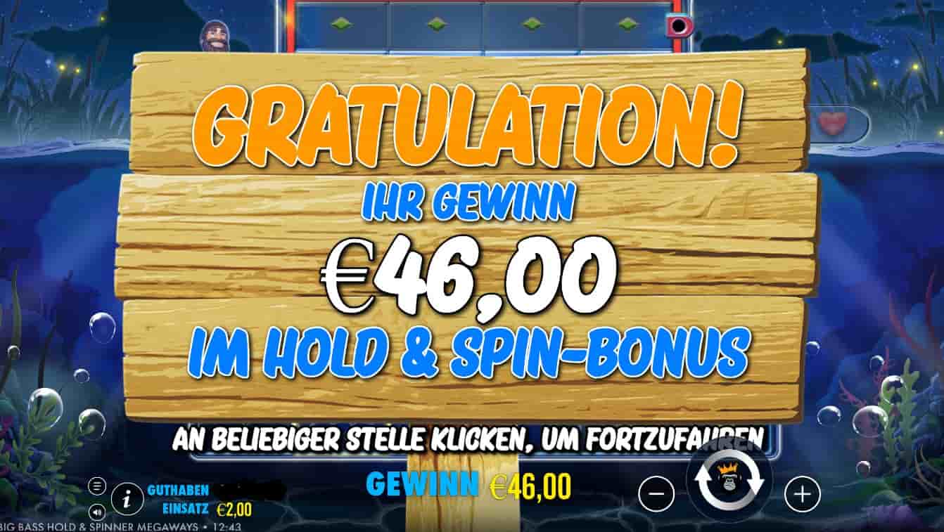 Big Bass Hold and Spinner Megaways 46 € Gewinn im Hold and Spin Bonus