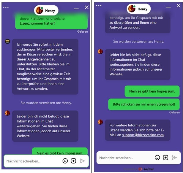 Bizzo Casino_Support Antwort zu fehlendes Impressum