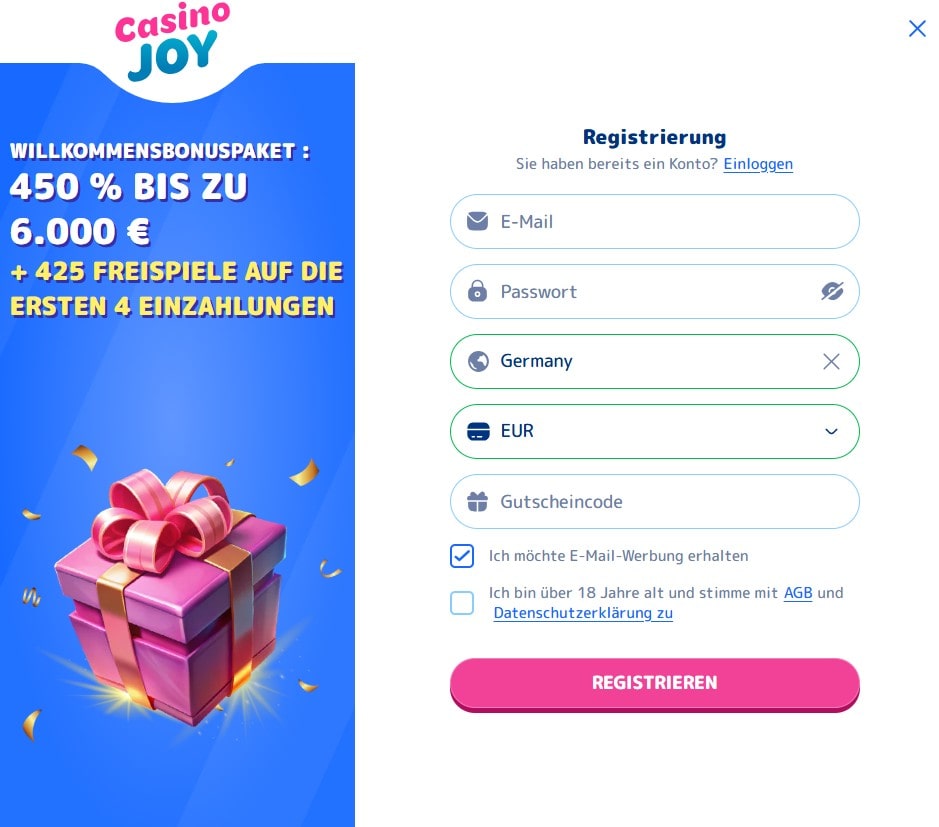 CasinoJoy Registrierung
