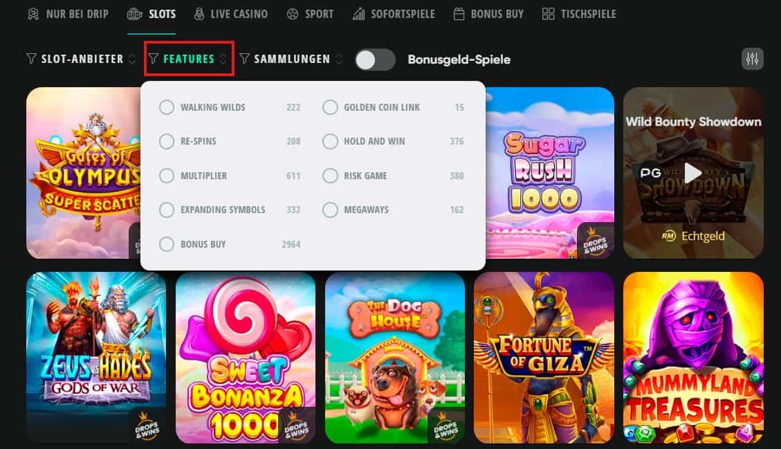 Drip Casino Slots mit Feature Filter-