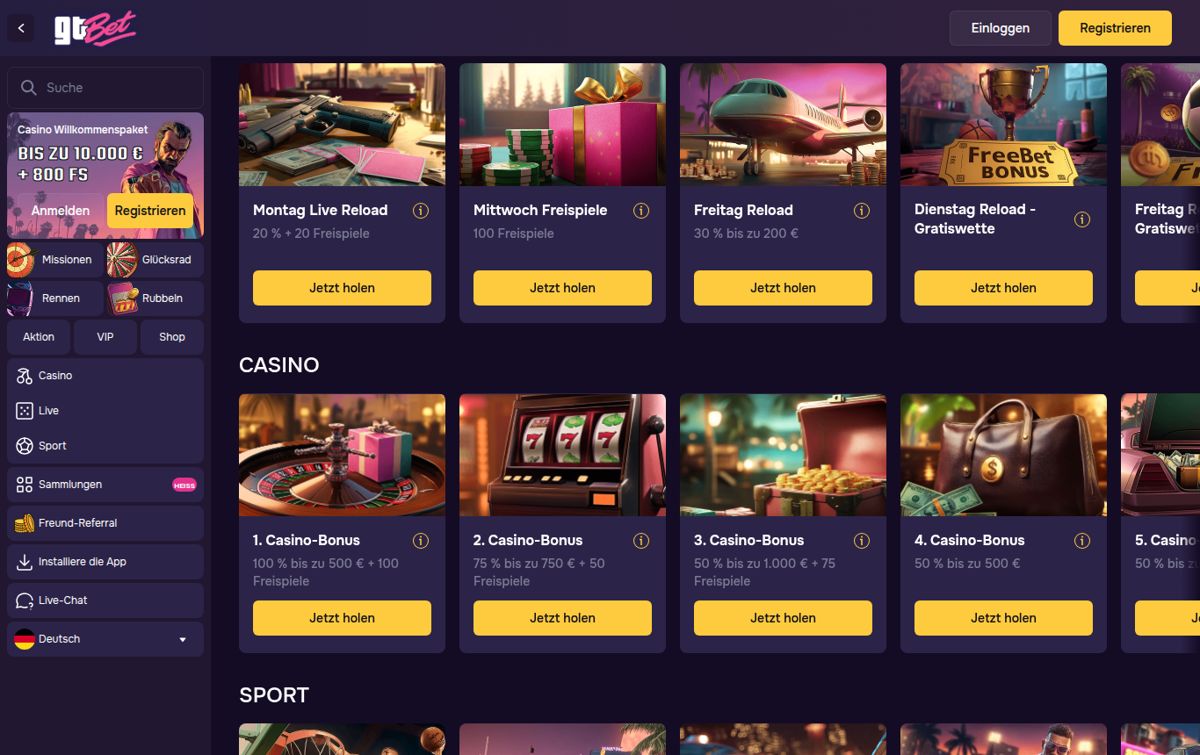 GT.bet Willkommenspaket bis 10.000 € und 800 Freispiele über zehn Einzahlungen