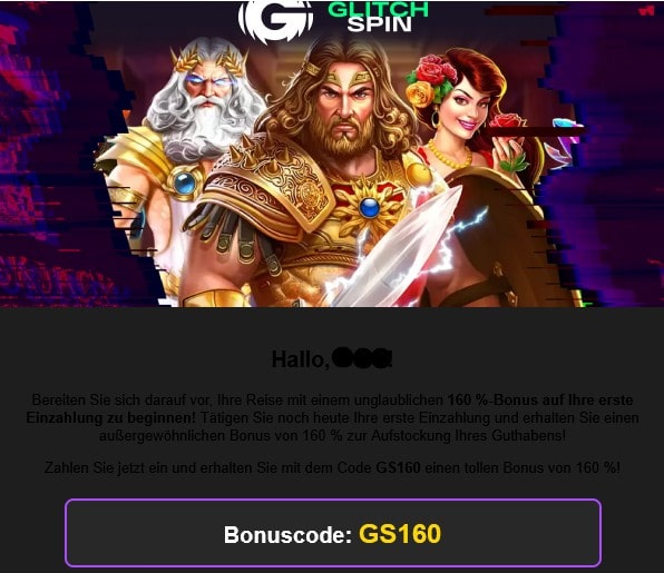 GlitchSpin Casino_Sonderbonus über Newsletter 160% bis zu 500Euro-