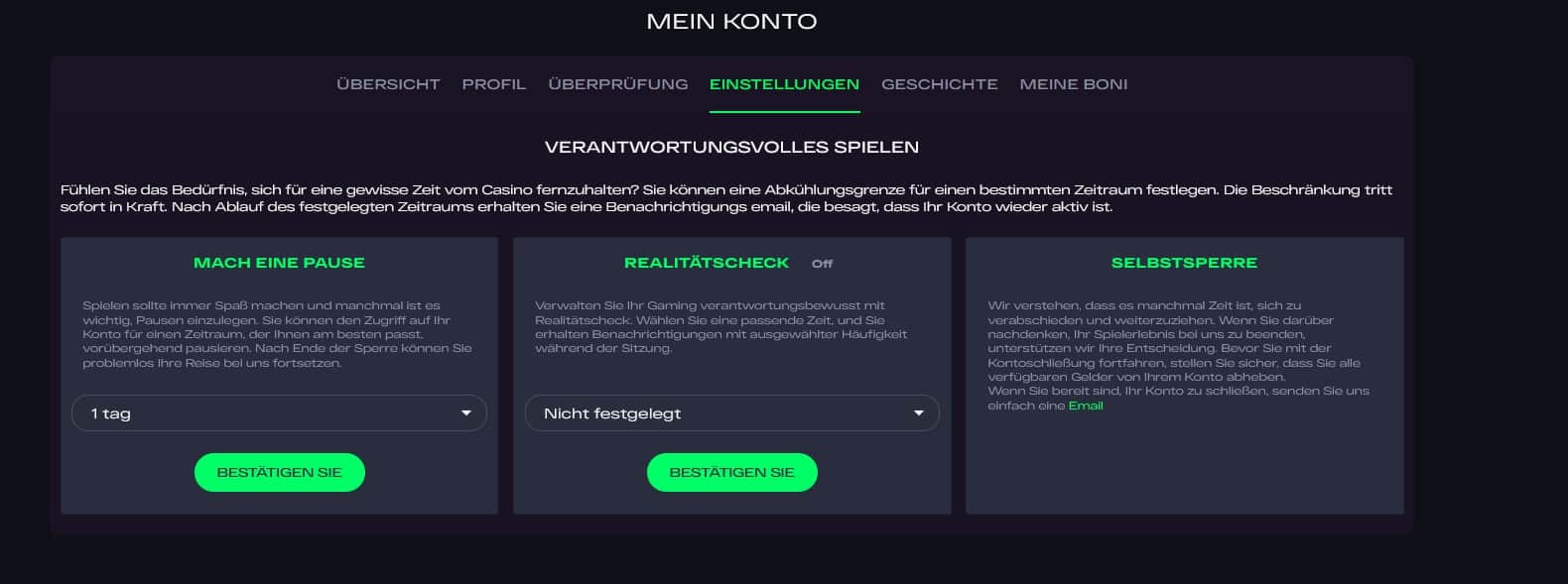 Glitchspin Casino_Pause einstellen_Realitätscheck und Selbstsperre-