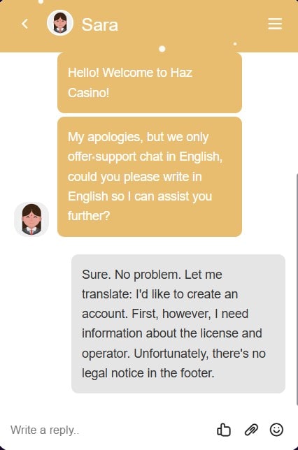 Haz casino_Chatfrage nach Impressum