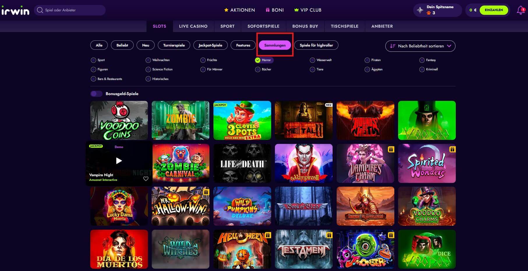 Irwin Casino_Sammlungen nach Themen