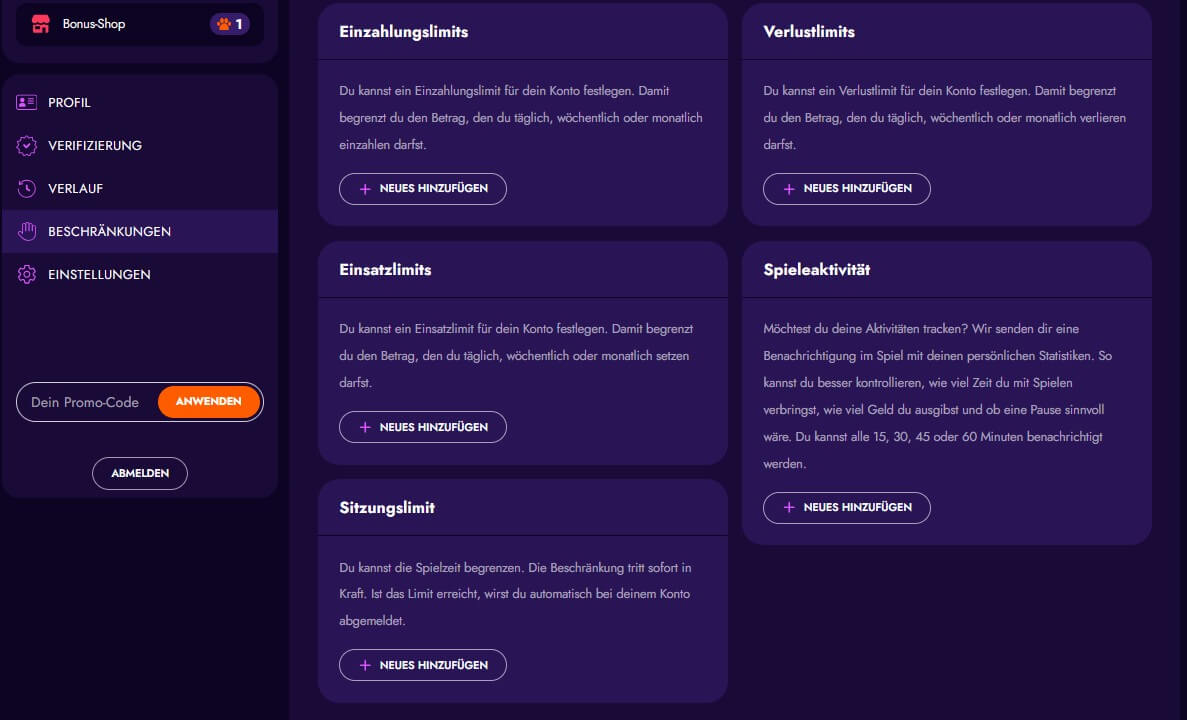 Irwin Casino_Spielen mit Verantwortung_Profileinstellungen_Limits einstellen