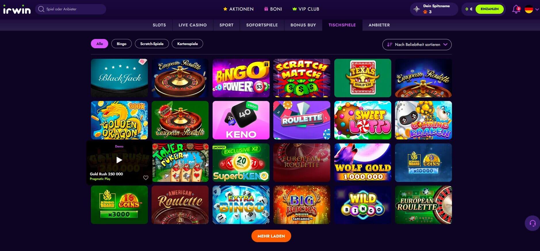 Irwin Casino_Tischspiele mit RNG