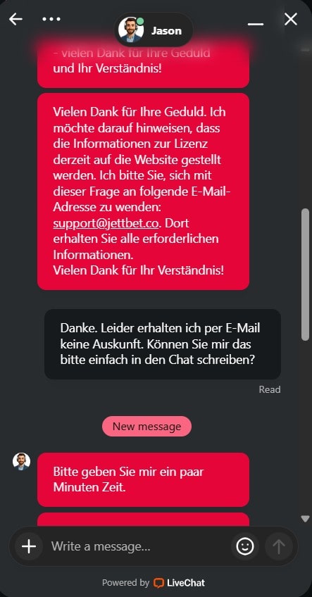Jettbet Chatauskunft zur Lizenz-