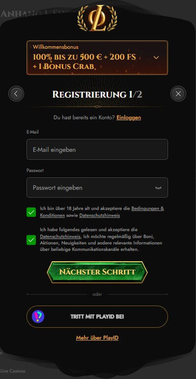 Legiano Registrierung