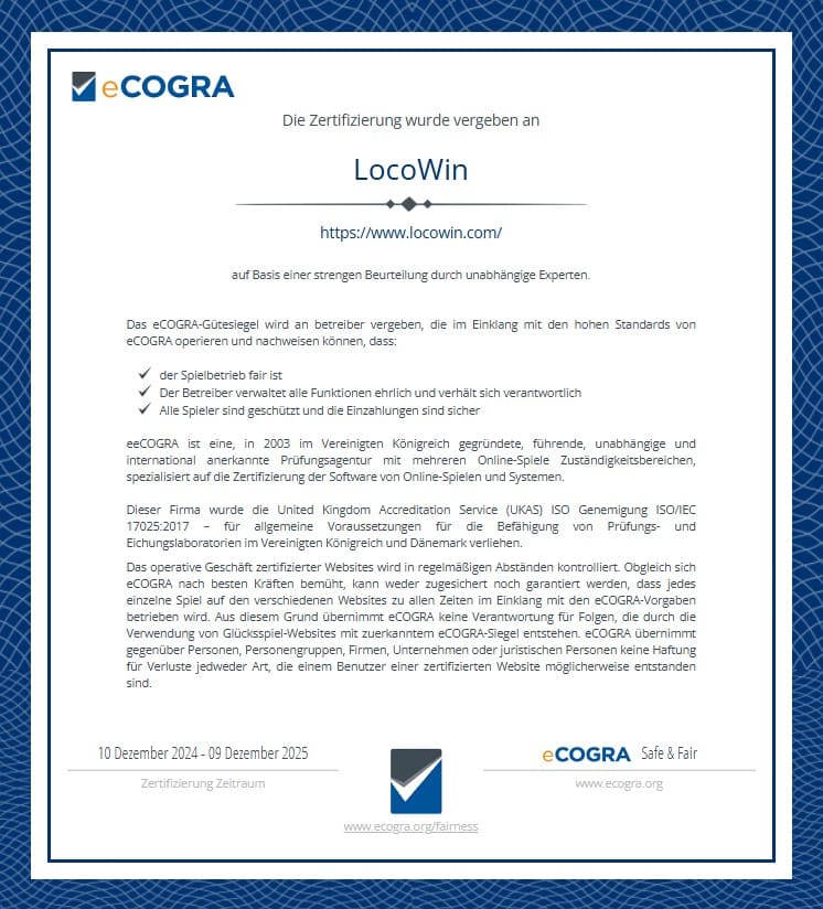 Locowin eCogra_Prüfzertifikat