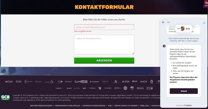 PlayAmo Casino Kontaktformular