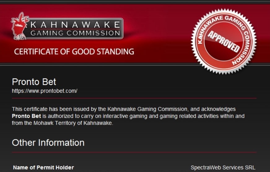 ProntoBet Casino_Lizenz von Kahnawake Ga
