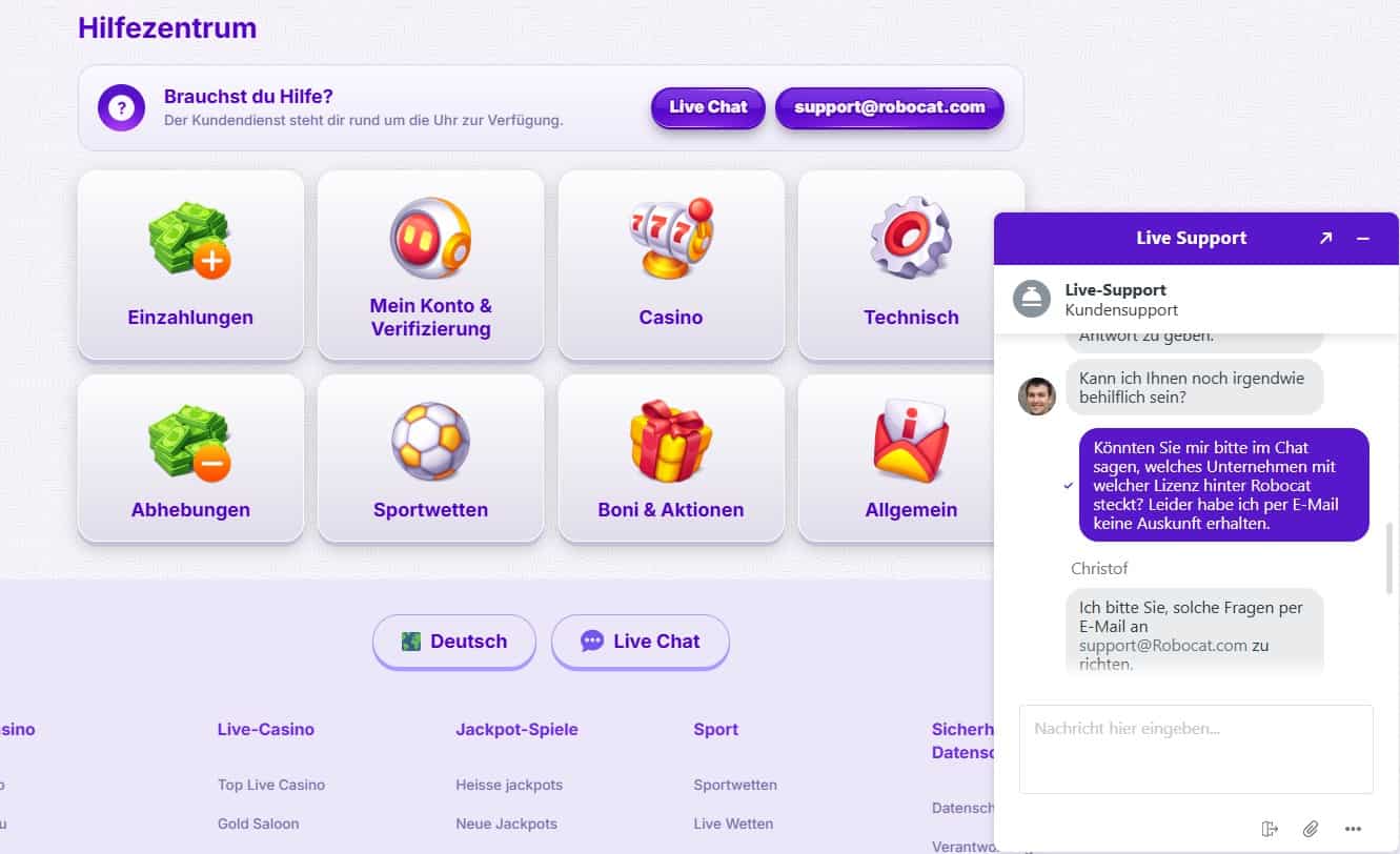 Robocat Hilfezentrum Fragen zu Lizenz und Betreiber-