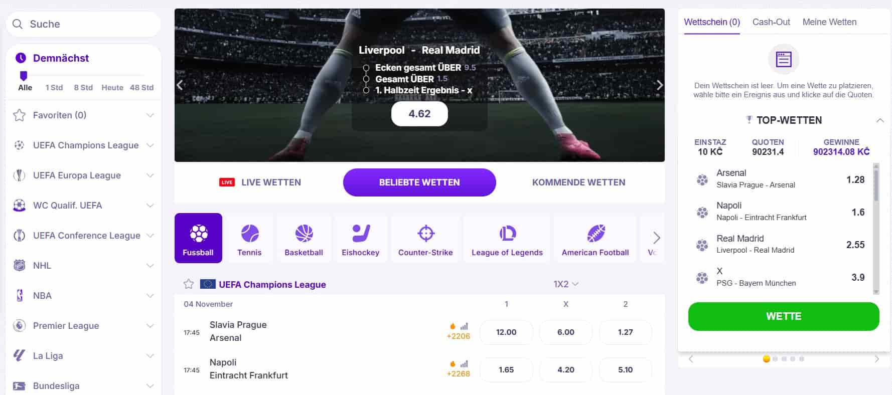 Robocat Sportwetten Startbildschirm