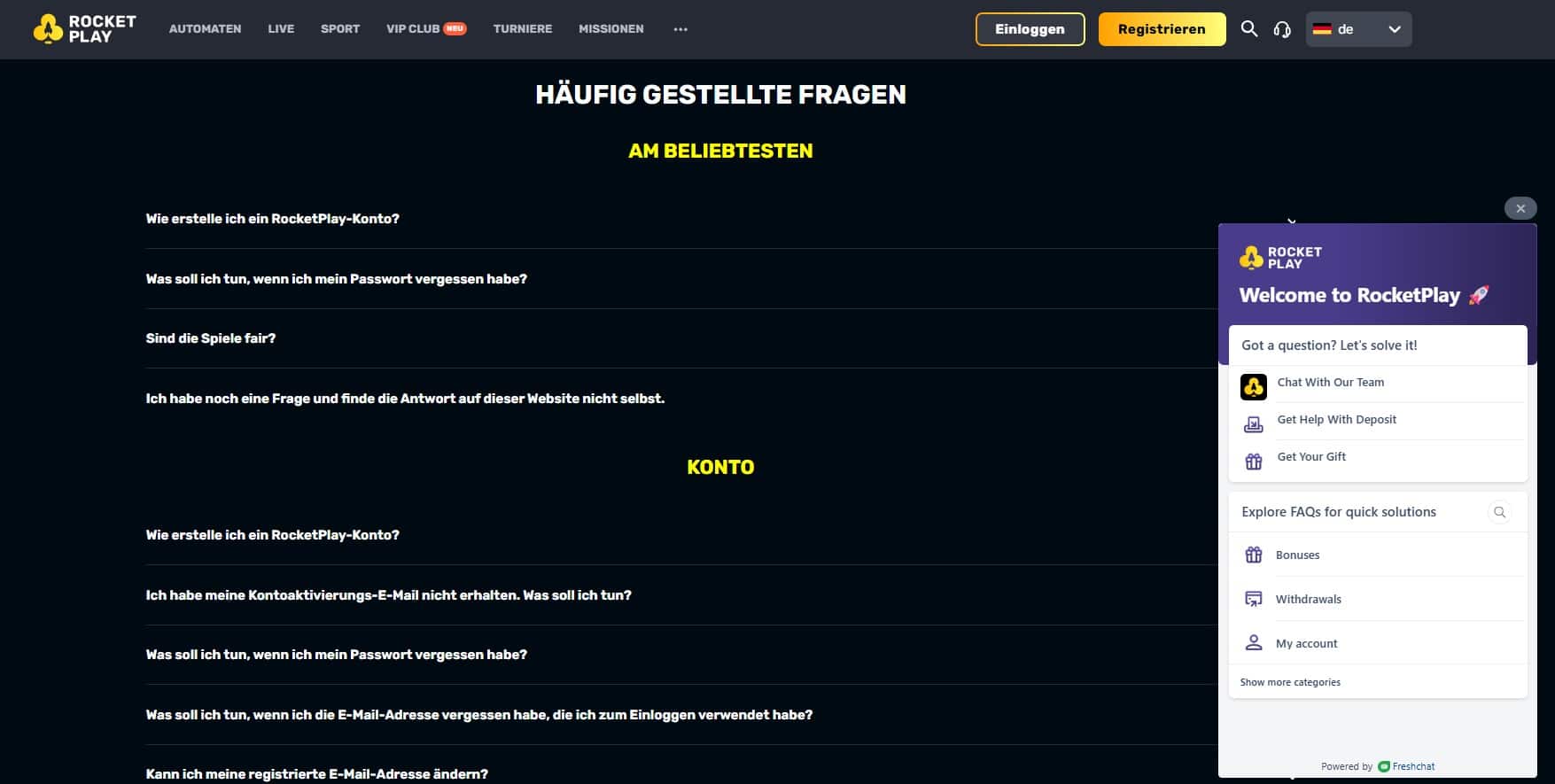 RocketPlay FAQ und Live Chat-