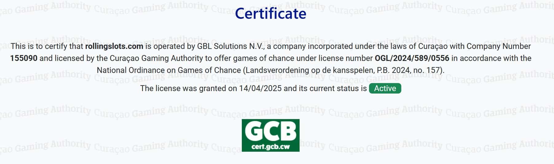 Rolling Slots Lizenz aus Curacao