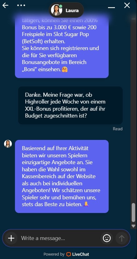 Rollino Chat zur Frage zum Highroller Bonus