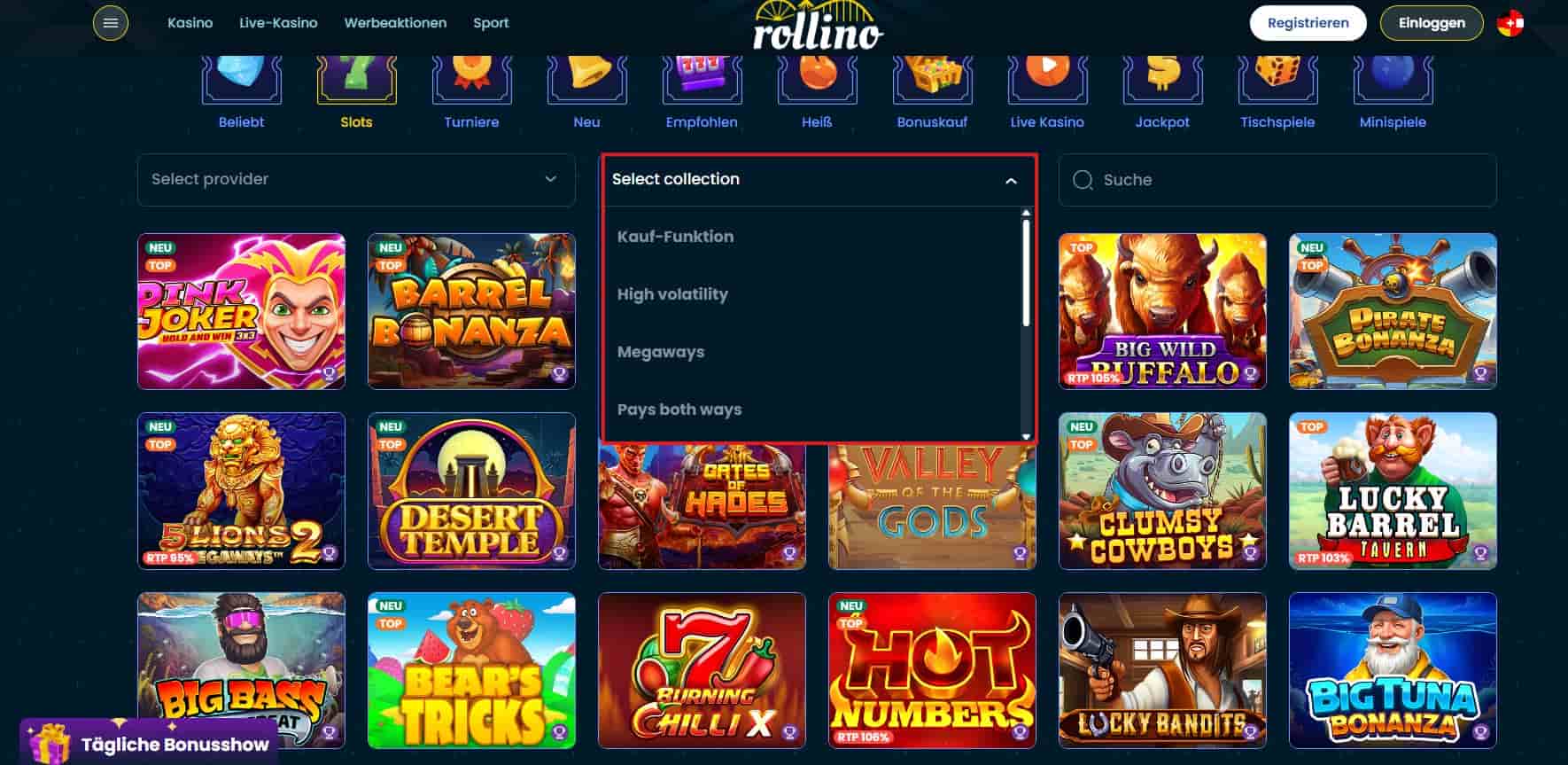 Rollino Slots mit Filter nach Features