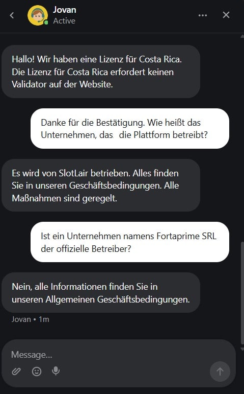 Slotlair_Chatfrage nach Lizenz und Betreiber-