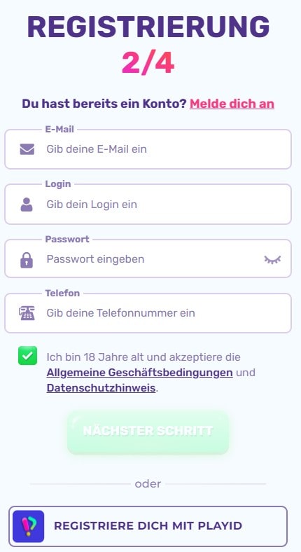 Slots Palace Registrierung Formular-