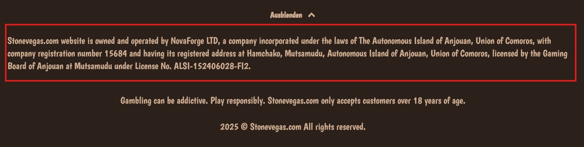 StoneVegas Casino Impressum-
