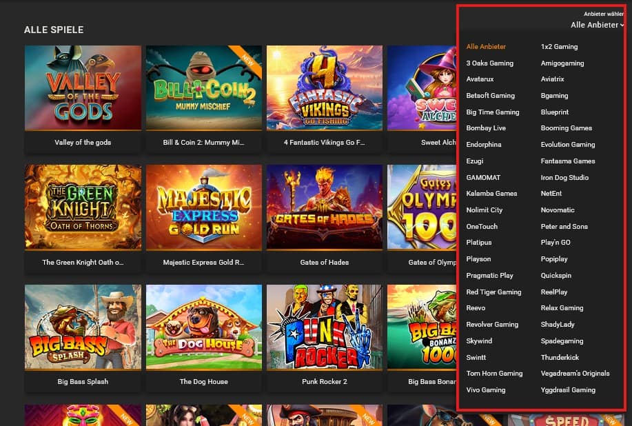 Vegadream Casino_Provider Filter