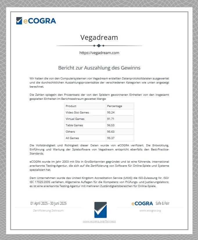 Vegadream_eCogra_Bericht zur Auszahlung