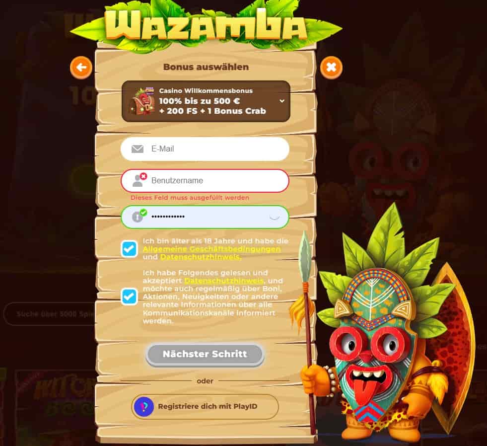 Wazamba Registrierung-