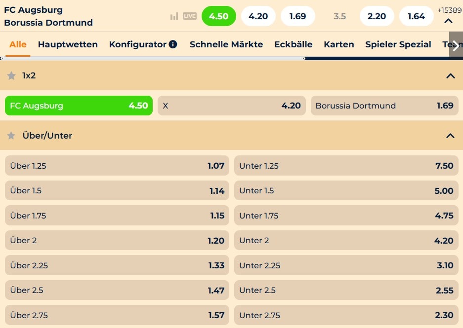 Wazamba Sportwetten _Wettmärkte für das Spiel Augsburg gegen BVB-