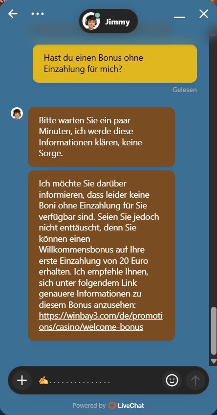 Winbay Support Frage nach No-Deposit-Bonus