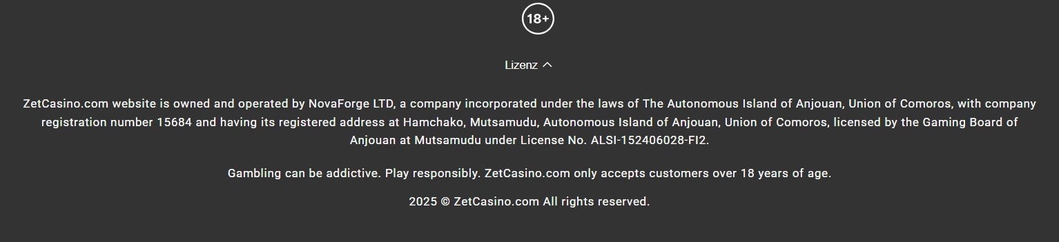 Zet Casino Impressum-