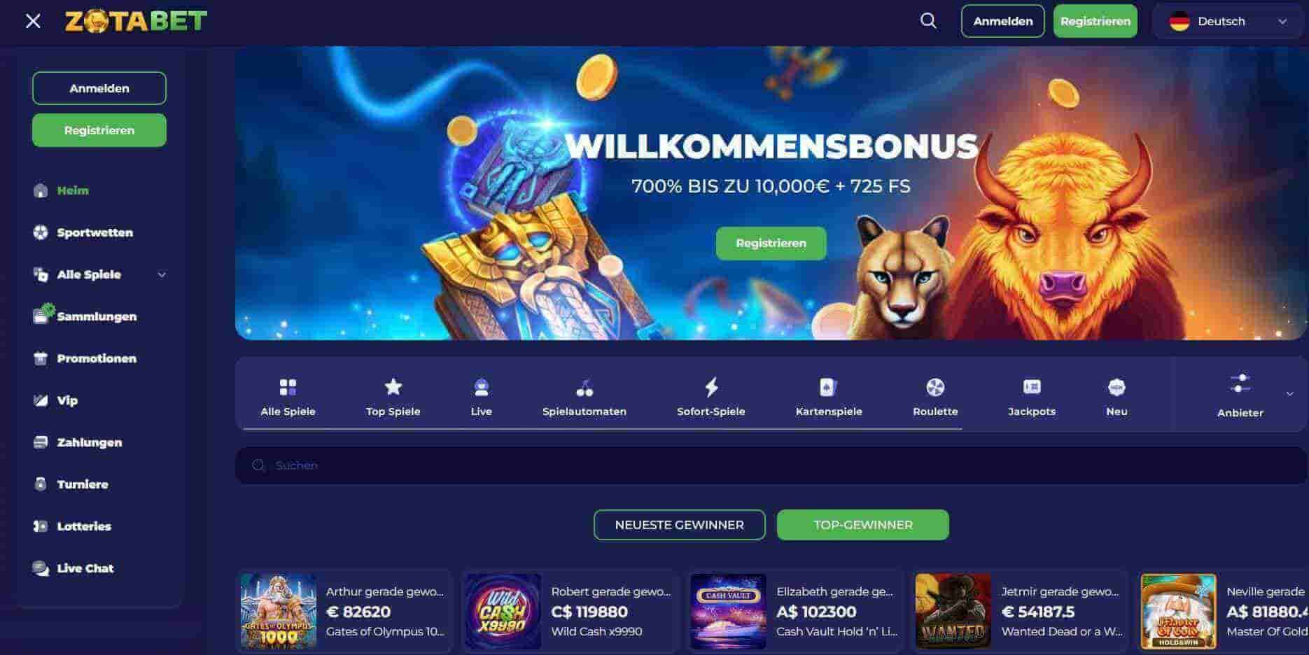 Zotabet_Startseite_10.000 € Bonus und 725 Freispiele