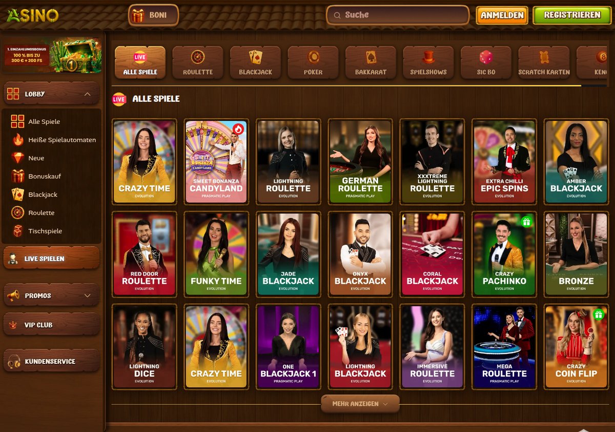 Asino Live-Casino mit Crazy Time, Lightning Roulette und Blackjack-Tischen