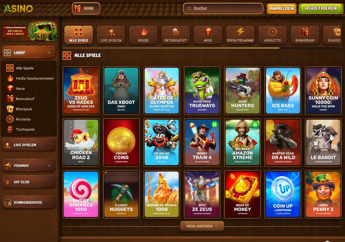 Asino Casino-Lobby mit Spielautomaten von Pragmatic Play, Nolimit City und BGaming