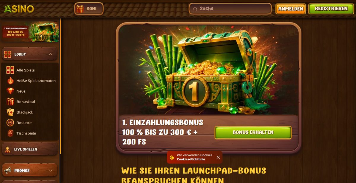 Asino erster Einzahlungsbonus 100 % bis 300 € plus 200 Freispiele