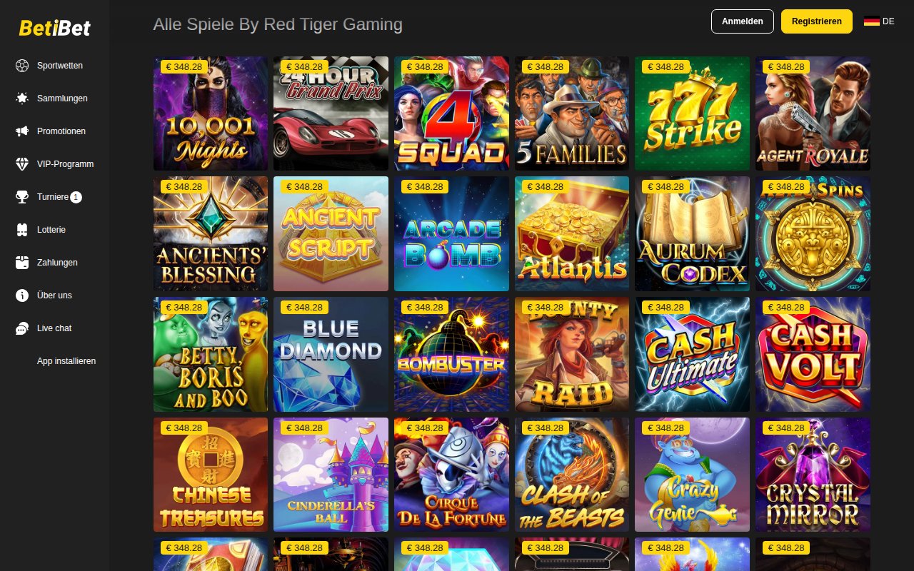 Betibet Anbieterseite Alle Spiele By Red Tiger Gaming mit Spielkacheln von 10.001 Nights bis Crystal Mirror