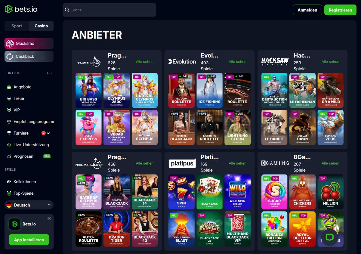 Bets.io Anbieterübersicht mit Pragmatic Play, Evolution, Hacksaw und BGaming
