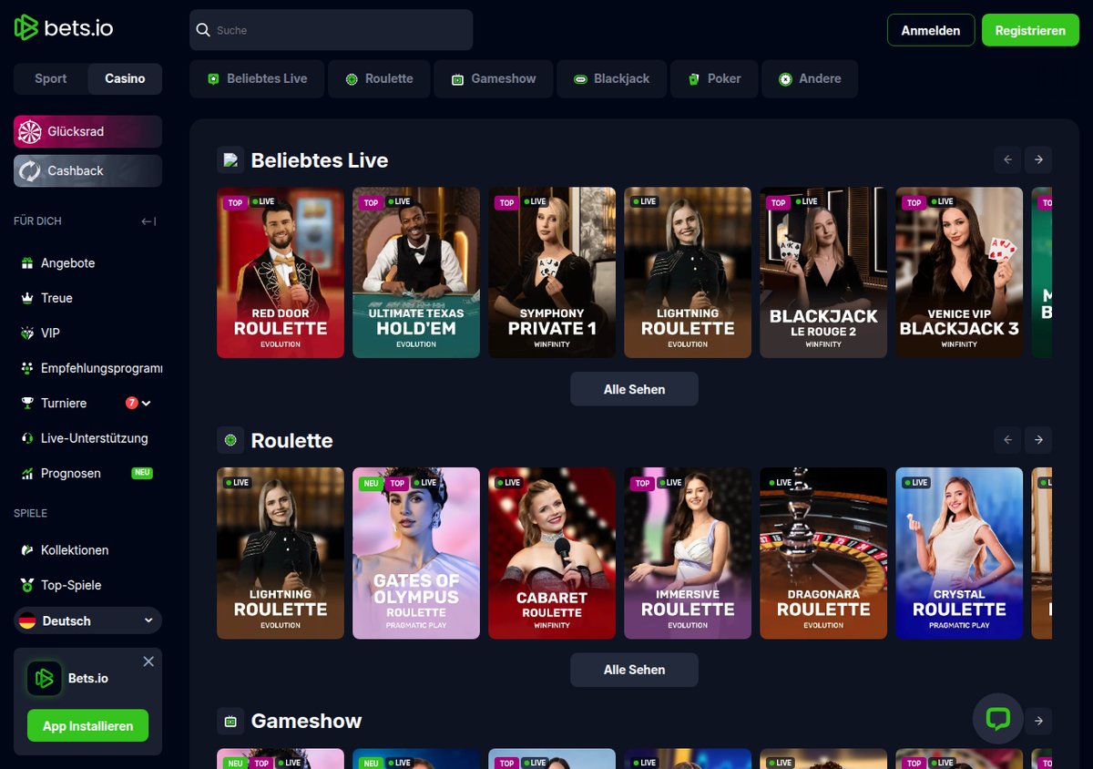 Bets.io Live-Casino mit Roulette- und Blackjack-Tischen von Evolution und Winfinity