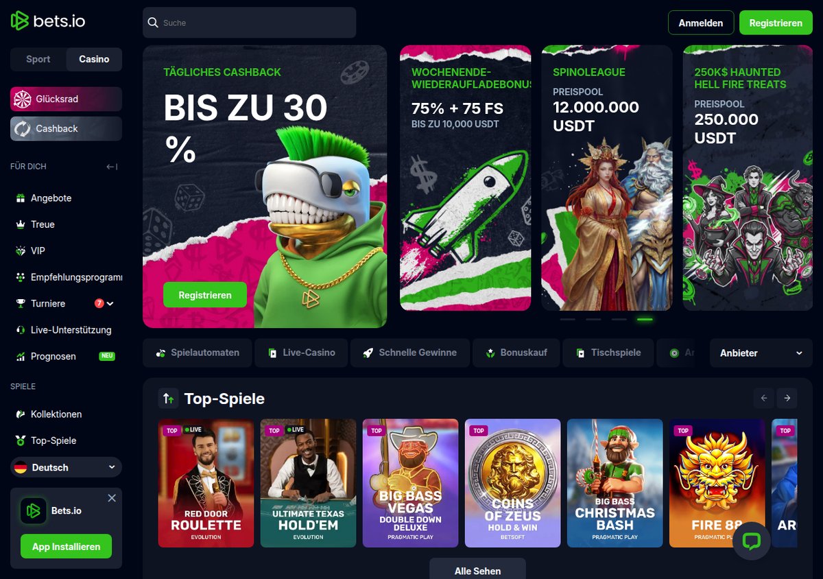 Bets.io Casino-Lobby mit Cashback-Banner und Top-Spielen